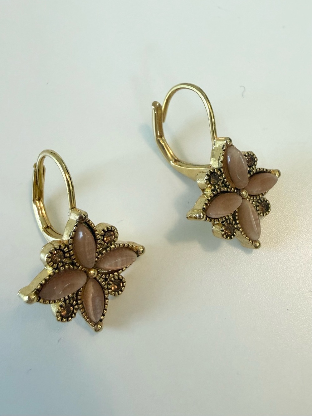 Gold-Tone Floral Drop Earrings with Blush Cabochons